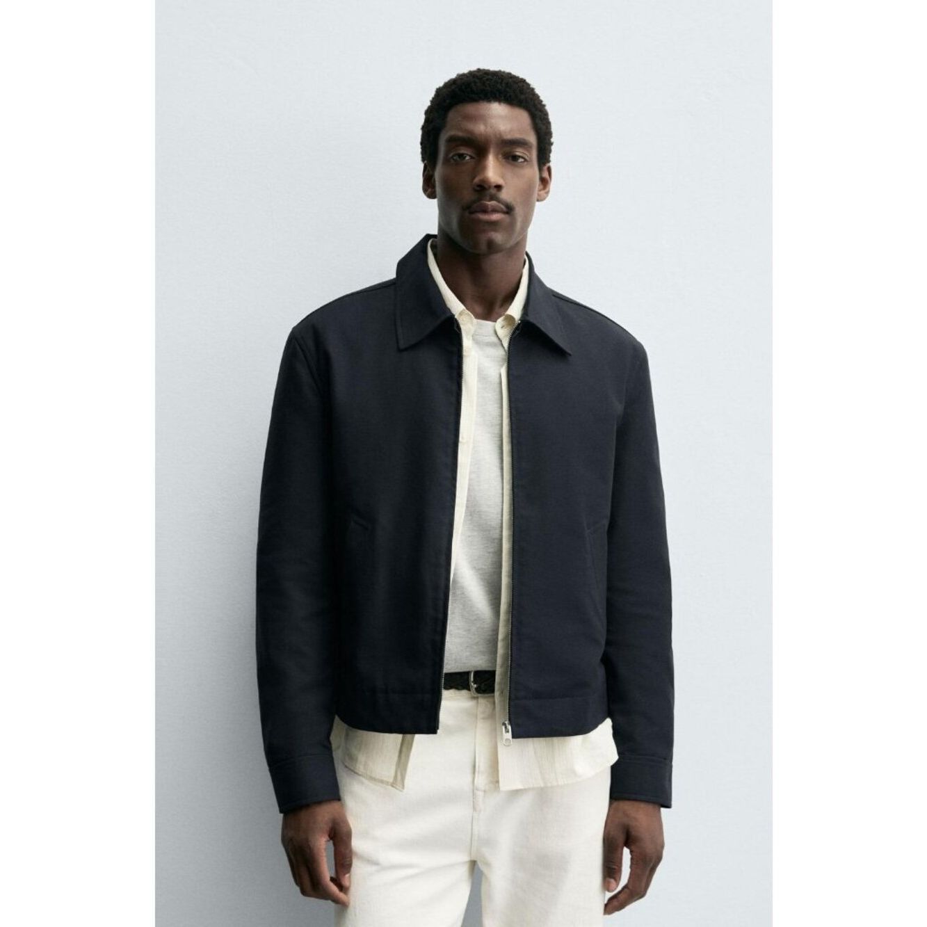 Zara Mens Jacket Xl Navy Blue Cotton Full Zip Lapel Collar 3046/370 Nwot
